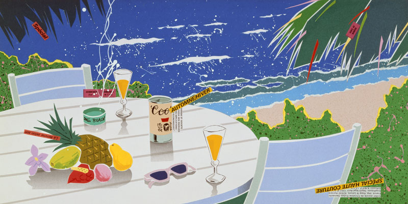 夏の風景イラスト トロピカルフルーツやビールのある浜辺のテーブル
