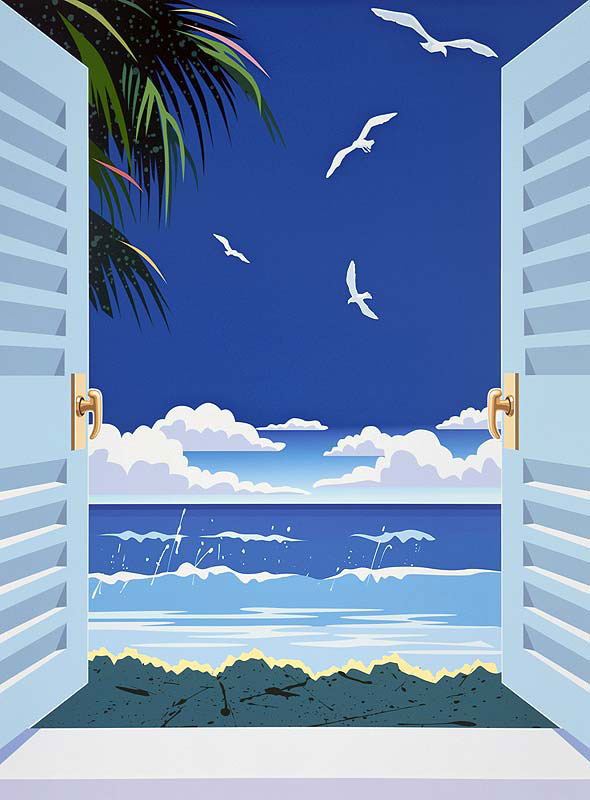 決定版夏イラスト・窓の外に広がる海とカモメイラスト