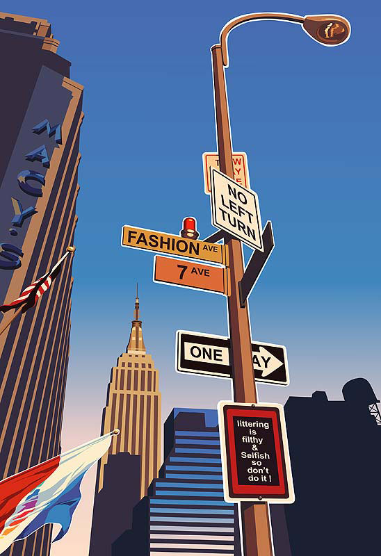 風景イラスト 道路標識とニューヨーク