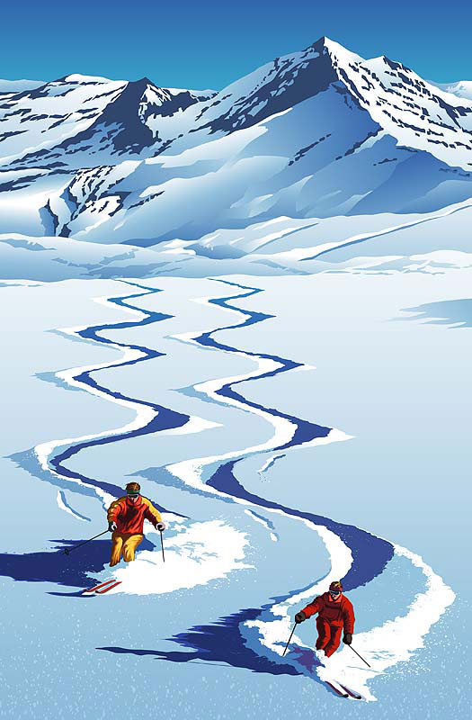 風景イラスト　スキーヤーと快晴の雪山