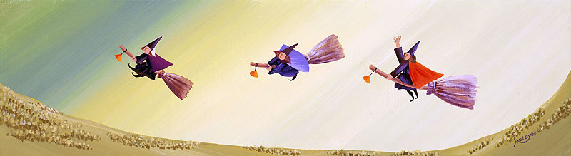 メルヘンイラスト 空を飛ぶほうきに乗った三人の魔女 メルヘンイラスト 空を飛ぶほうきに乗った三人の魔女