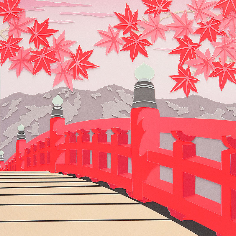 朱塗りの赤い欄干の太鼓橋と紅葉の手描きイラスト
