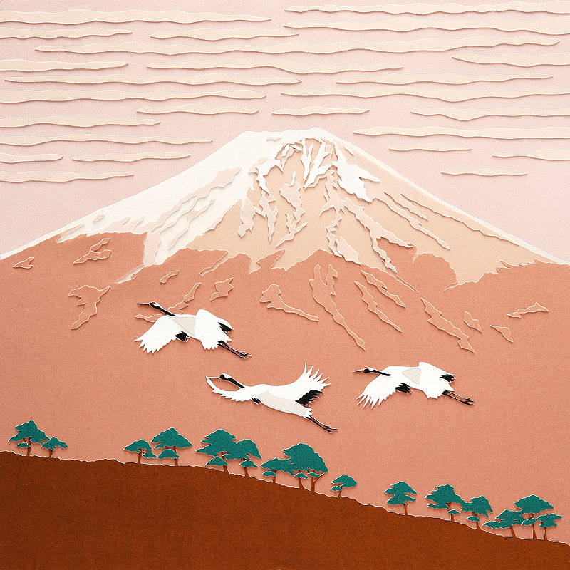 新年の富士と空を飛ぶ丹頂鶴の和風イラスト