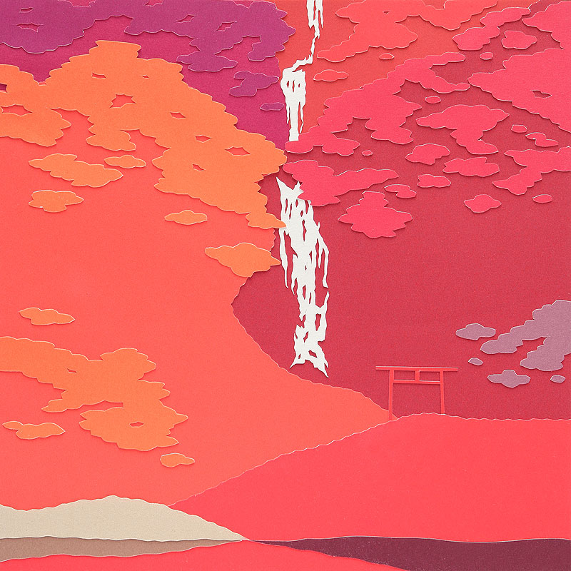 手描き和風イラスト「最上川の紅葉の滝」