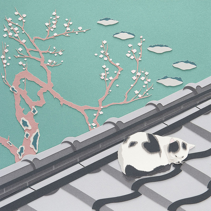 春を待つ和風イメージイラスト 梅の花と屋根の上の猫