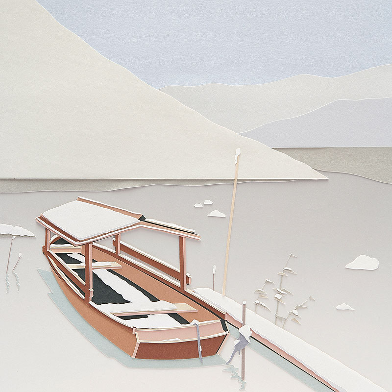 風景イラスト 切り絵 冬 雪が積もった桟橋と屋形船