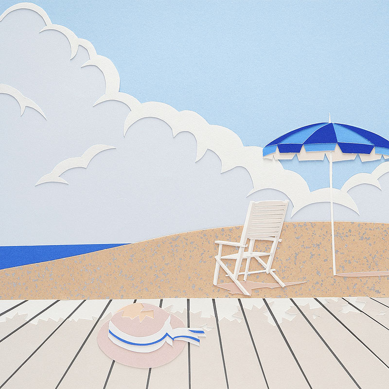 風景イラスト 切り絵 夏の海辺 砂浜にパラソルと麦わら帽子