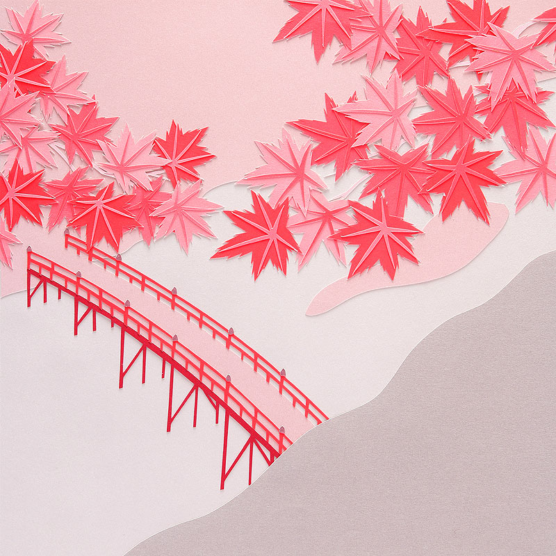 風景イラスト 切り絵 秋 上空から見た赤い橋と紅葉