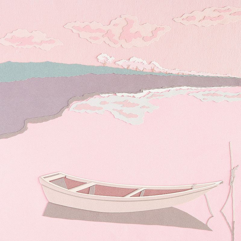 和風の静寂 - 桜色の海に浮かぶ小舟イラスト