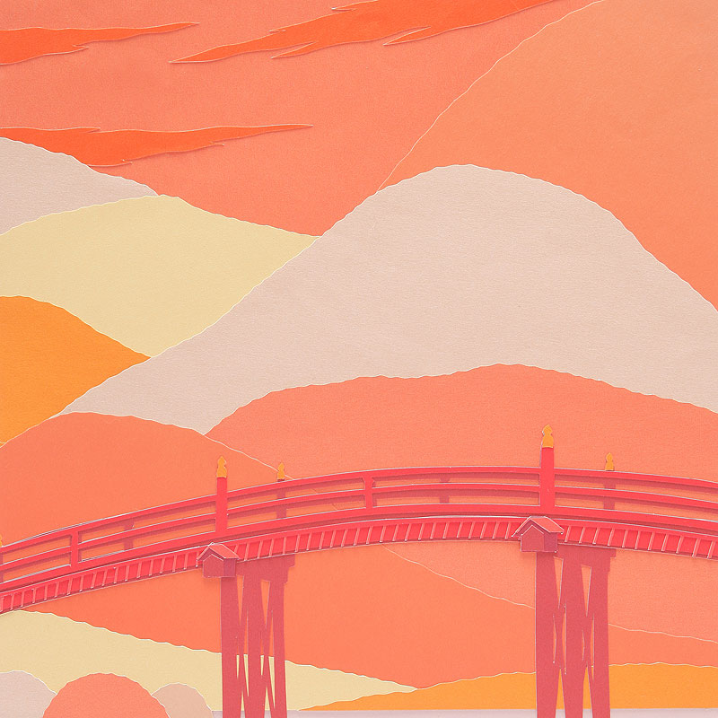 風景イラスト 切り絵 紅葉の山と橋のシルエット