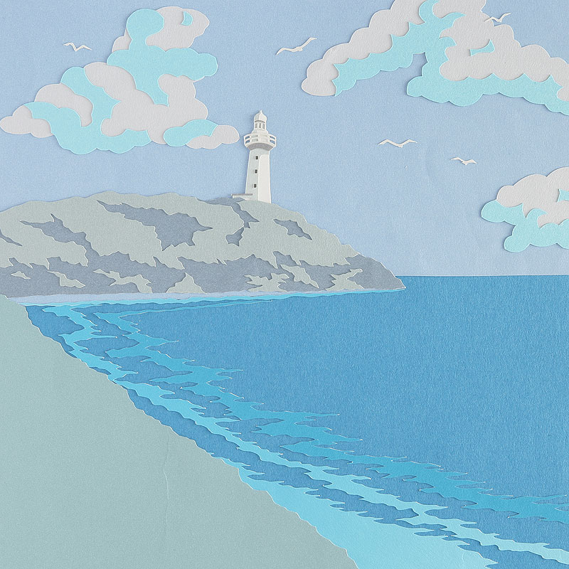 風景イラスト 切り絵 海と灯台と空