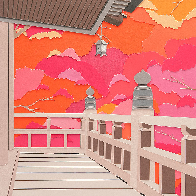 お寺の回り廊下と欄干と吊灯篭の和風イラスト 手描き