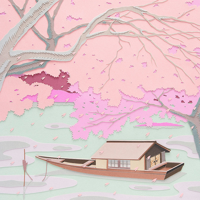 和風イメージ素材 満開の桜の花吹雪と川面に浮かぶ屋形船イラスト