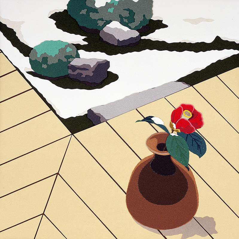 寒椿イラスト 廊下の一輪挿しと庭の雪 和風イラスト