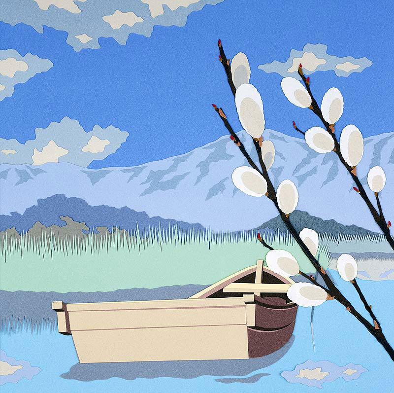 風景イラスト 切り絵 ２月 ３月ネコヤナギと浮き舟