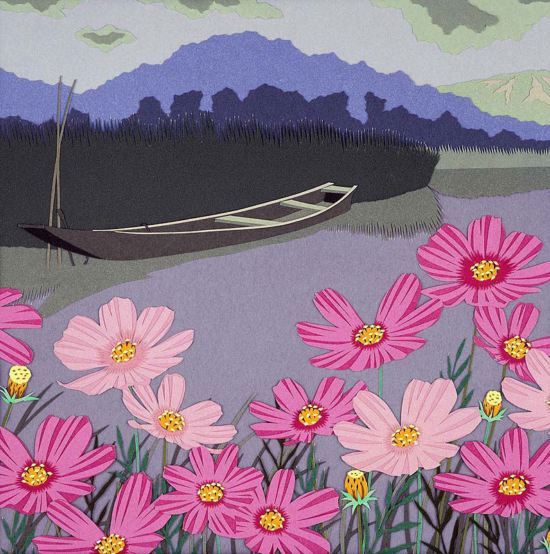 コスモスイラスト 湖面に浮かぶ小舟と秋桜