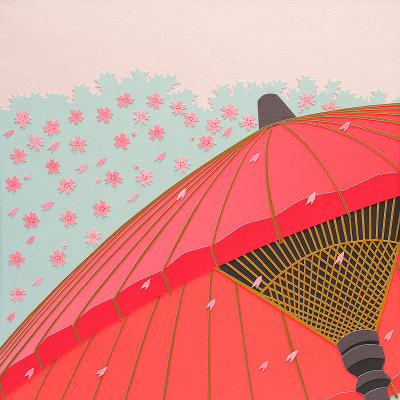 切り絵手描きイラスト春の野立て傘と花吹雪