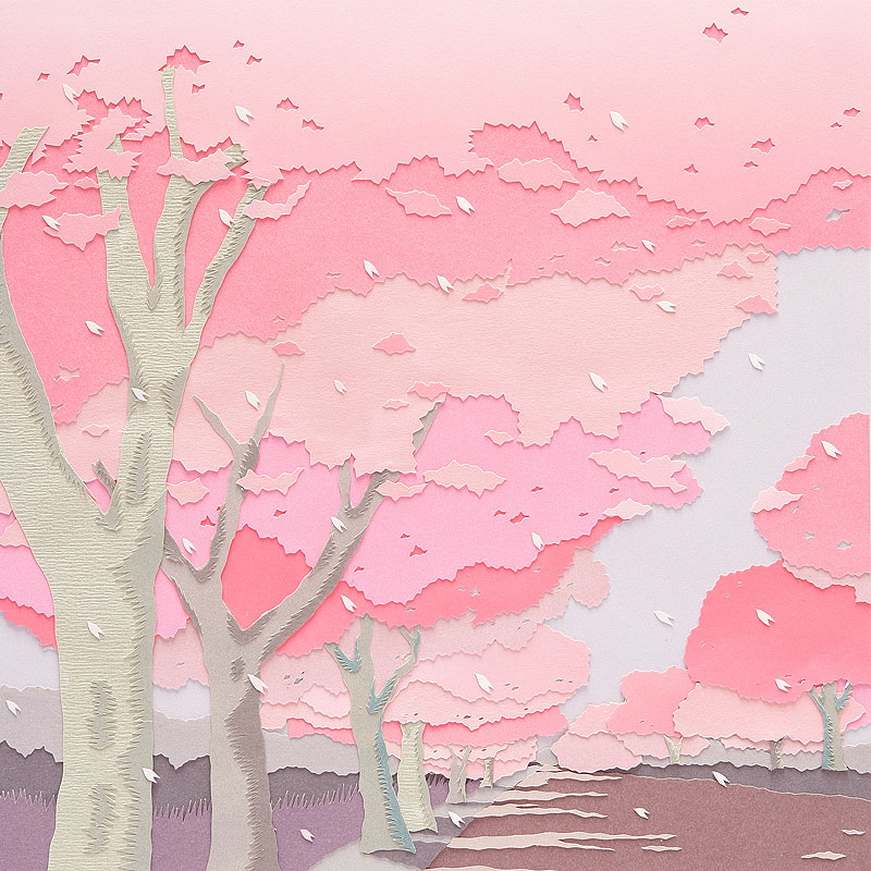 風景イラスト 切り絵 春 桜の花びらが散る桜並木