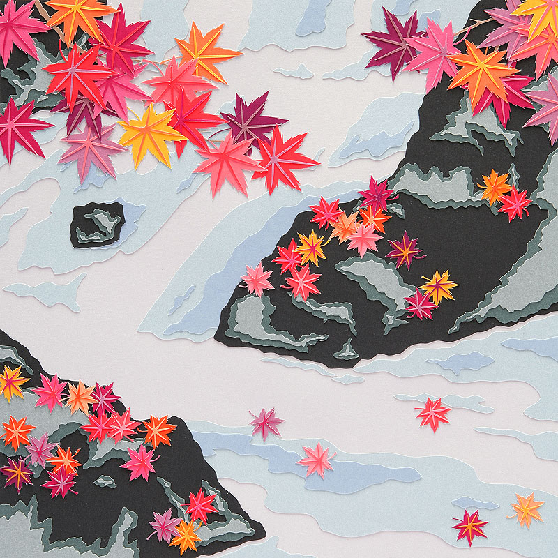 風景イラスト 切り絵 秋の渓流と紅葉の風景