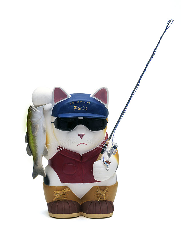 釣り猫イラスト 釣竿と魚を持ったフィッシング趣味の釣り猫イラスト