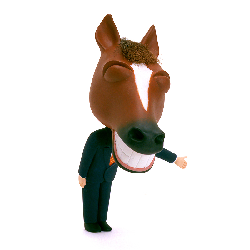 干支の馬ビジネスマン年賀状イラスト 笑顔で案内をするスーツ姿の馬