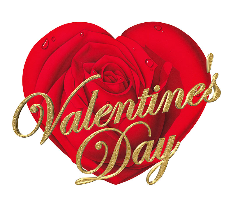 バレンタインイラスト　金のValentine's Day（バレンタインデー）文字と赤いバラで出来たハートのバレンタインイラスト