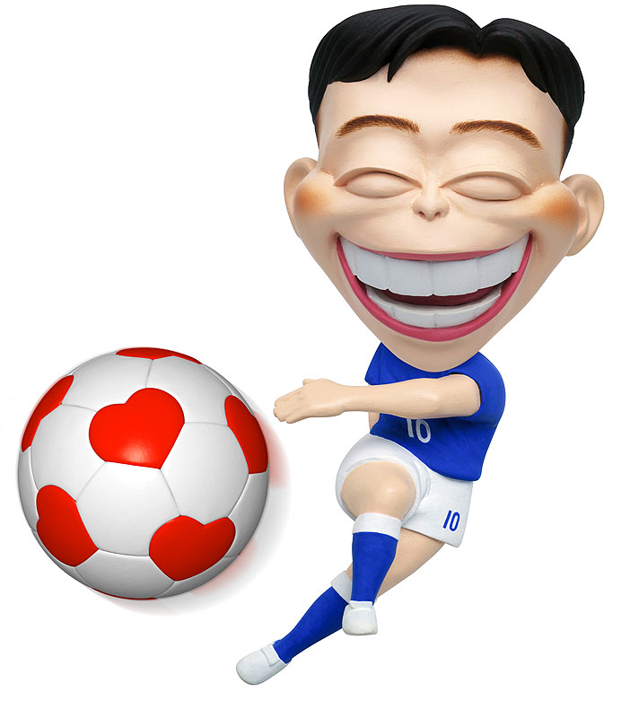 笑顔でシュートのサッカーイラスト ハートのサッカーボールを蹴るサッカー選手の笑顔