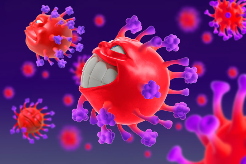  細胞内で増殖する元気なコロナウイルスのイメージイラスト