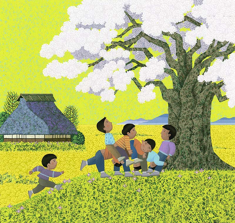 馬乗りイラスト 春に茅葺き屋根の見える桜のそばで遊ぶ子供たち
