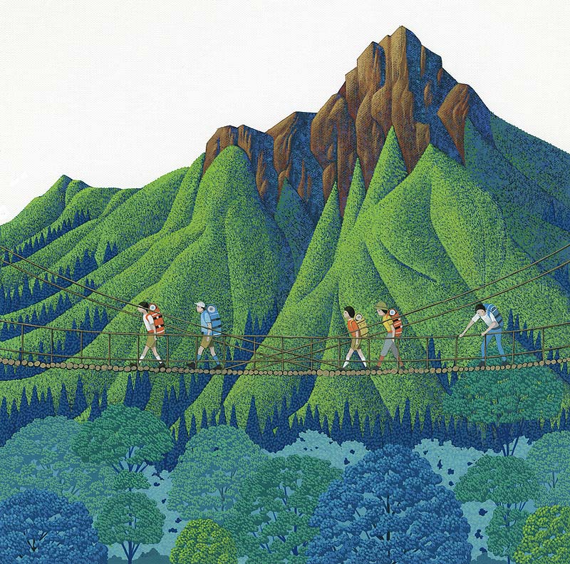 吊り橋イラスト 夏山と吊り橋を行く登山客