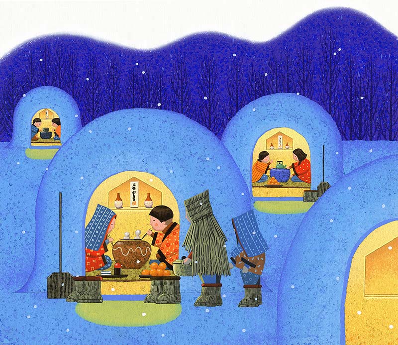 かまくらイラスト 雪の降る夜にかまくらで餅を食べる子供