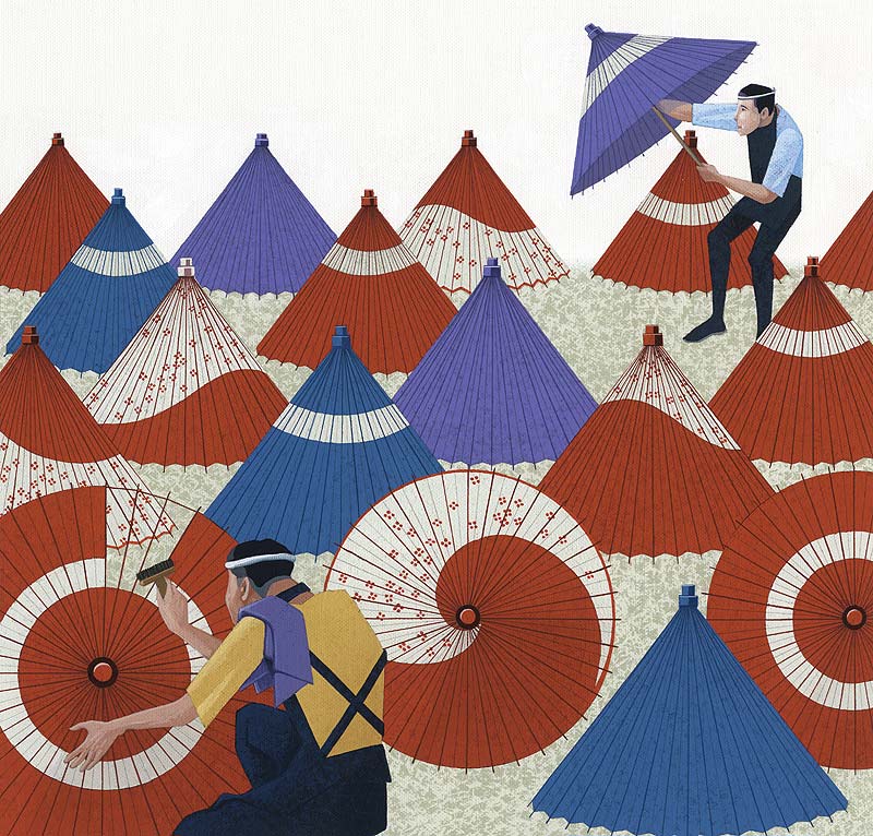 季節イラスト和傘の蛇の目傘と傘作り職人