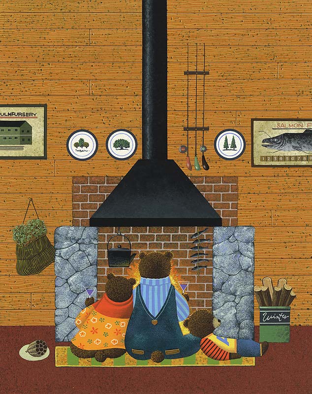 マイホームイラスト 山小屋の暖炉に釣り好き熊の親子