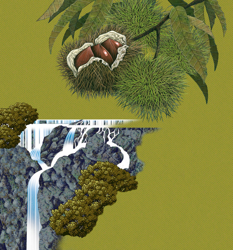 手描き笠間の栗と袋田の滝イラスト：茨城県名所イラスト
