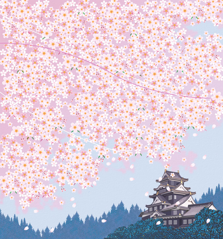 桜と岡山城の手描きイラスト