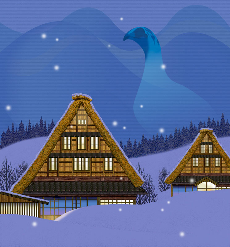 雪景色の白川郷イラスト：幻想的な日本の原風景