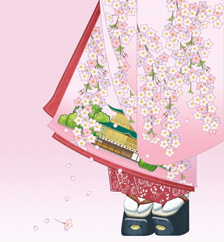 桜晴れ着の裾模様：手描きキモノイラスト京都祇園の舞妓