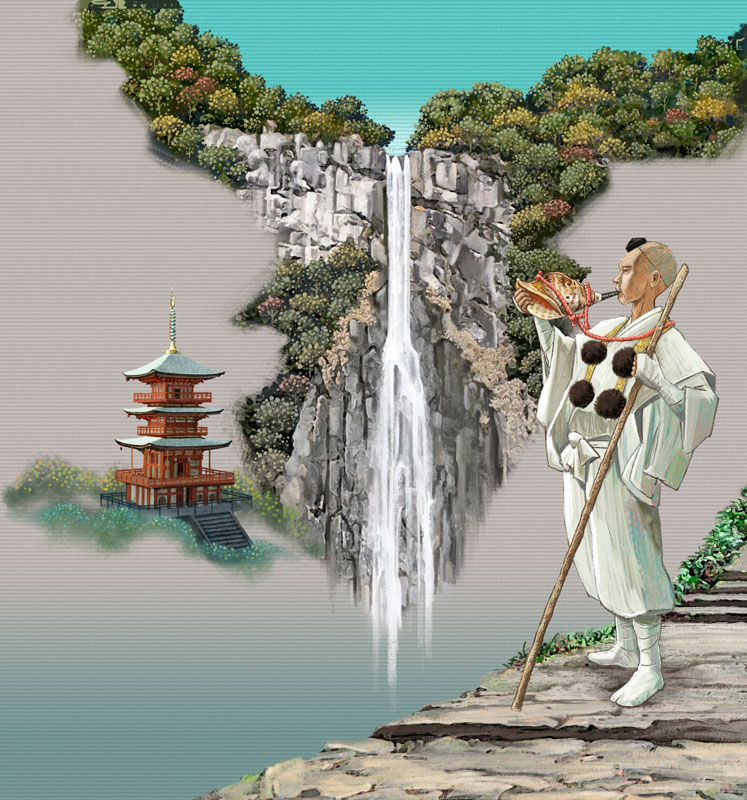 熊野那智大社と那智の滝を背景に法螺貝を吹く山伏のイラスト