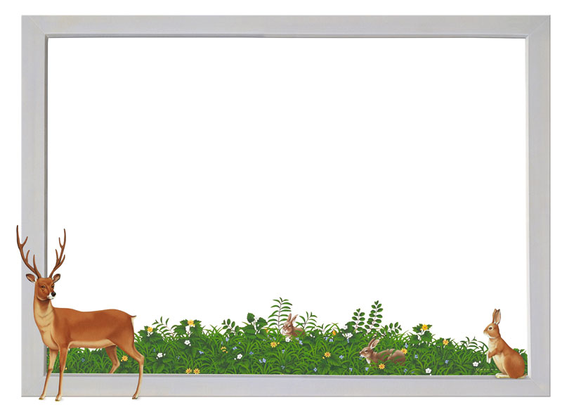 動物・植物のかわいいフレームイラスト・牡鹿と野うさぎ