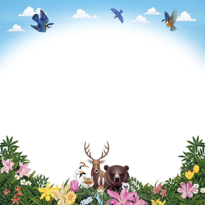 青空と動物や鳥・花のかわいいフレーム枠イラスト
