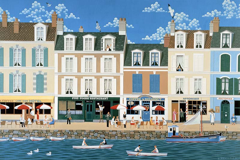 水辺の家並みイラスト ヨーロッパ風景レトロ調イラスト画像