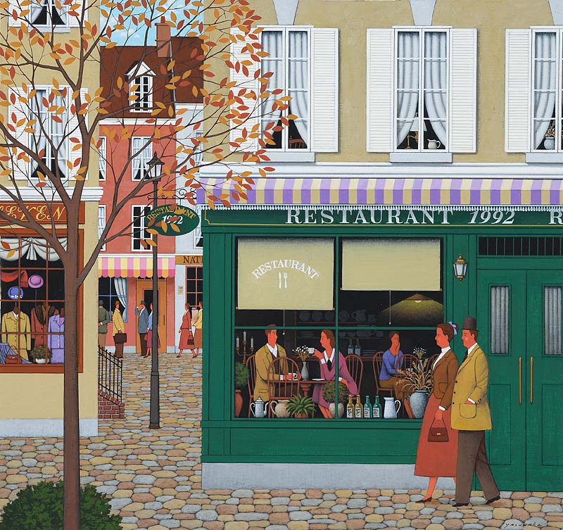 ヨーロッパ街角のレストランのイラスト 秋 レトロ調画像