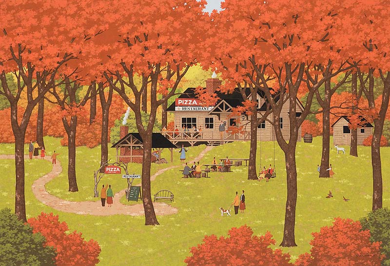 紅葉の森の中にあるピザハウス ログハウス のイラスト レトロ調画像