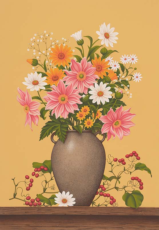 植物イラスト 静物画で花瓶にたくさんの花