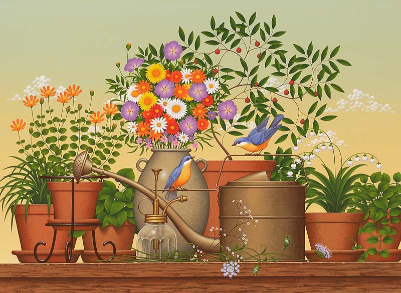 風景イラスト 机の上の植木鉢に花瓶や花や二羽の小鳥