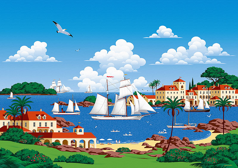 海と帆船の風景イラスト 夏の海を渡る帆船と町並み