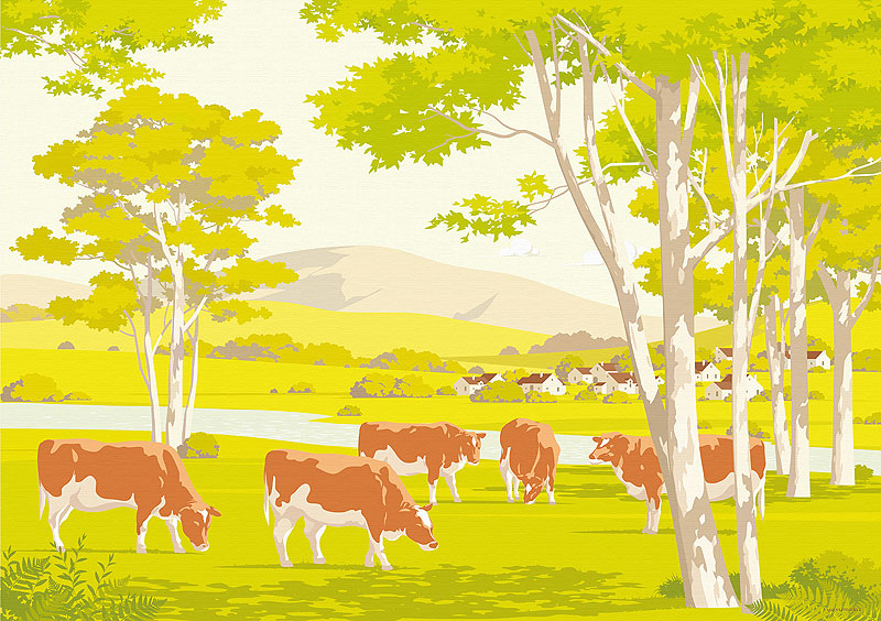 牧場の牛イラスト 牧草を食べるウシ