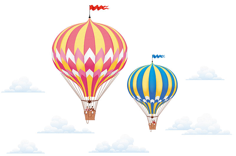 気球イラスト 気球に乗って空を飛ぶ人々
