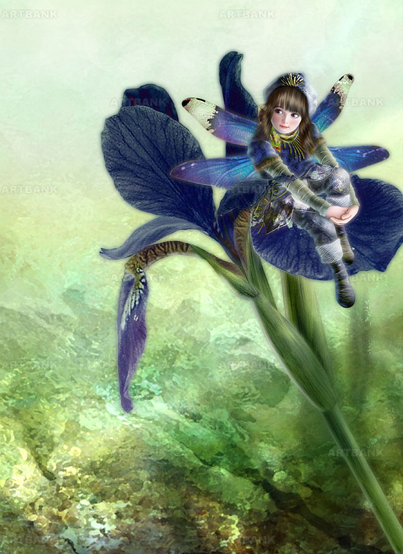 ファンタジーイラスト 水辺に咲くアイリスの花に座る妖精