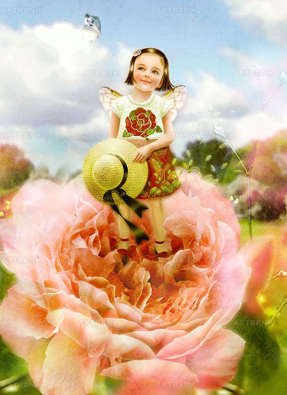 ファンタジーイラスト バラの花の中に立つ麦わら帽子を持つ妖精